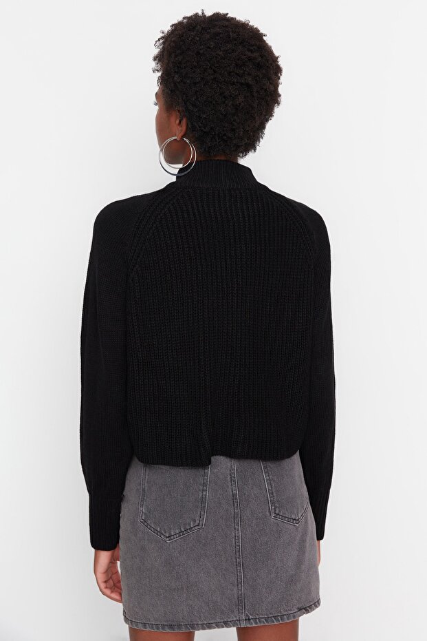 Siyah Crop Fermuarlı Dik Yaka Basic Triko Kazak TWOAW22KZ1632 - 5