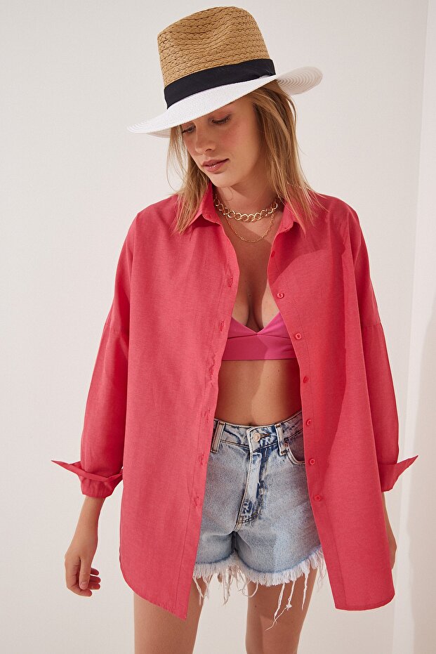 Happiness İstanbul Kadın Nar Çiçeği Oversize Uzun Basic Gömlek DD00842