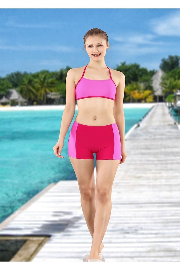 Fuşya Pembe Şortlu Çocuk Bikini Takım - 1