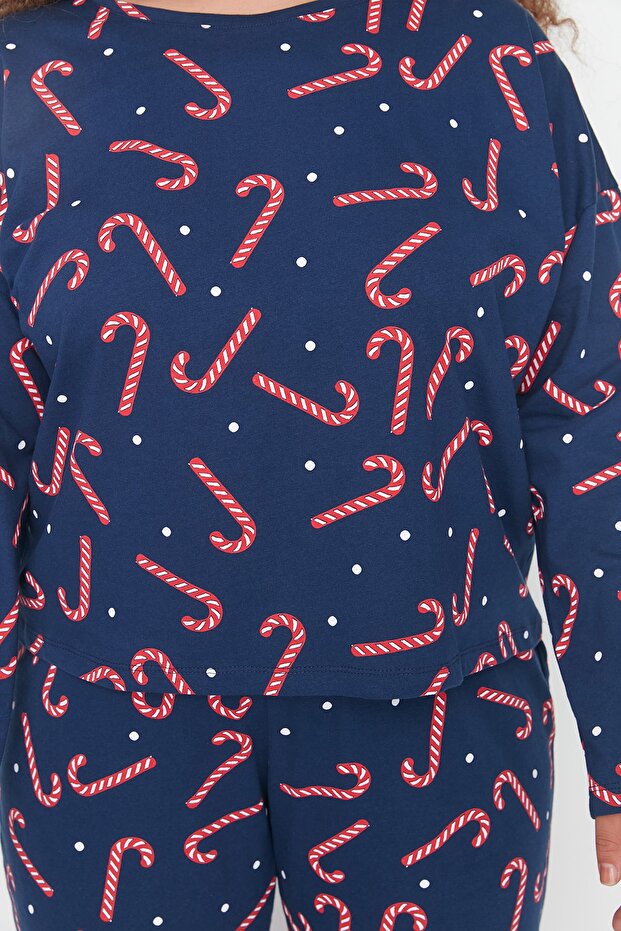 Lacivert Yılbaşı Temalı Örme Pijama Takımı TBBAW23AI00026 - 3