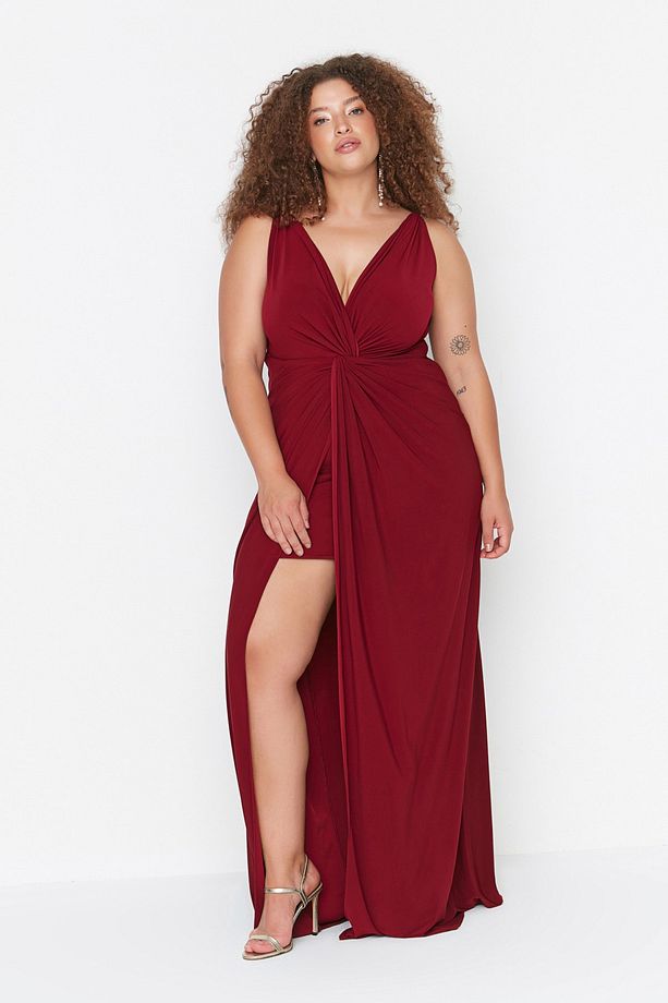 Bordo Örme Drape Detaylı Maxi/Uzun Abiye Elbise TBBSS22AD00000 - 1