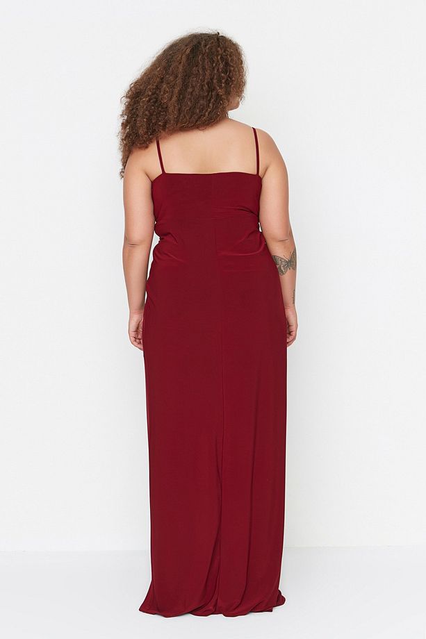 Bordo Örme Drape Detaylı Maxi/Uzun Abiye Elbise TBBSS22AD00000 - 5