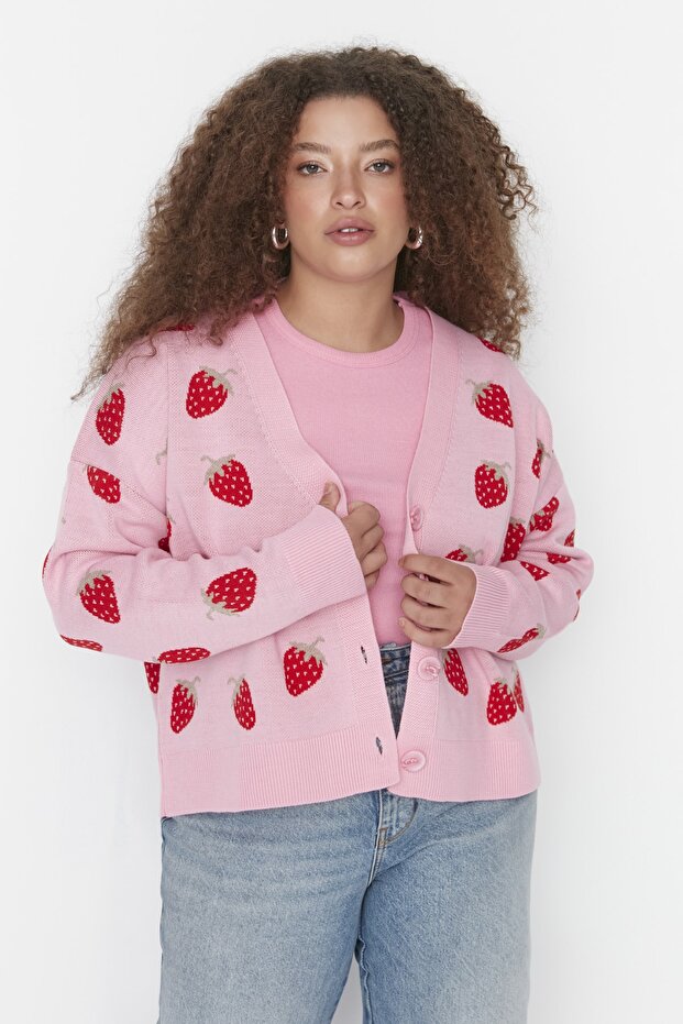 Pembe Çilek Desenli V Yaka Crop Triko Hırka TBBAW23AV00028 - 2