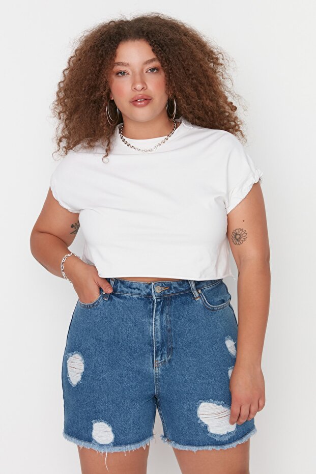 Koyu Mavi Yüksek Bel Destroylu Denim Şort & Bermuda TBBSS22SR0165 - 1
