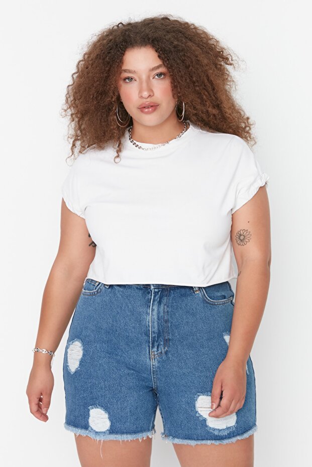 Koyu Mavi Yüksek Bel Destroylu Denim Şort & Bermuda TBBSS22SR0165 - 3