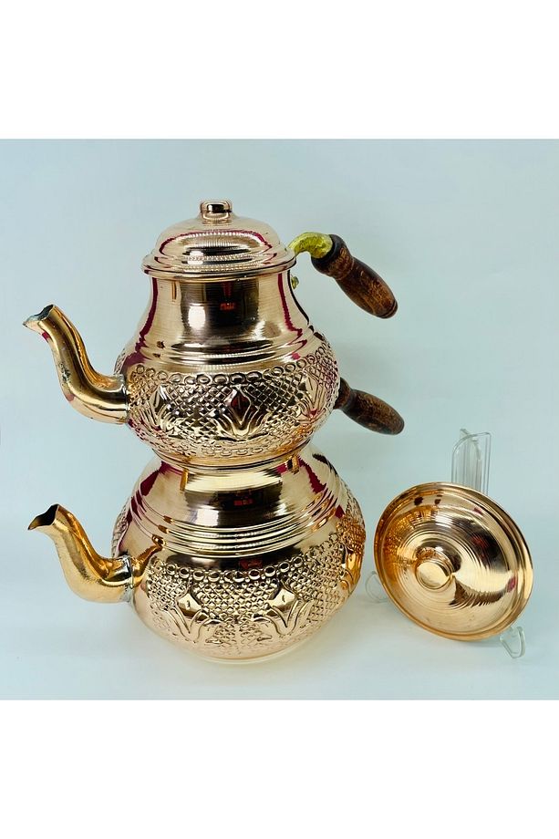 Bakır Çaydanlık Işlemeli Desenli Bakır Demlik - 1