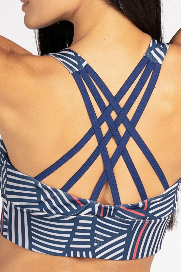 Navy Blue Gray Striped High Support Covered Sports Bra with Back Detail