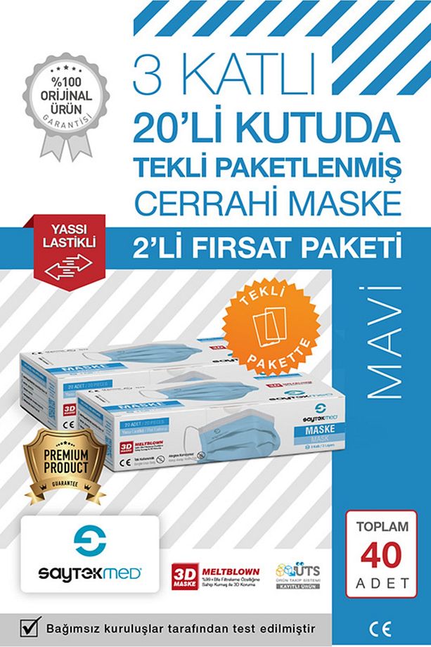 Tek Tek Steril Paketli, Meltblown Filtreli, 3 Katlı Mavi Maske (2 Kutu/40 Adet) - 1