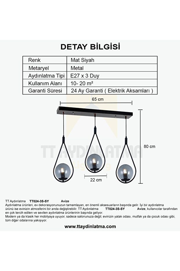 Tt024-3s-sy Mat Siyah 3 Lü Sıralı Avize - 4