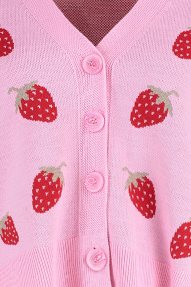 Pembe Çilek Desenli V Yaka Crop Triko Hırka TBBAW23AV00028 - 7