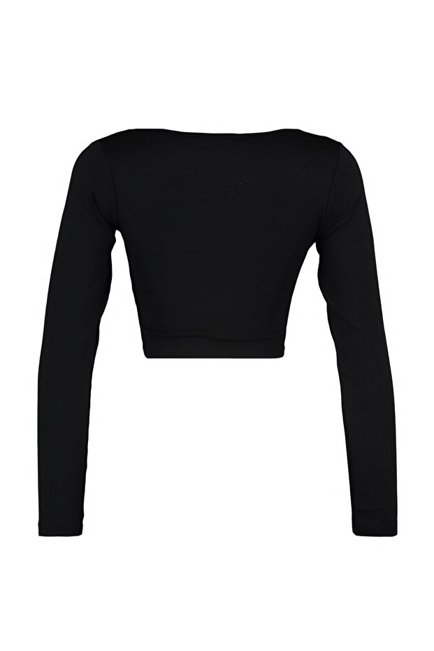 Siyah Biye Detaylı Kare Yaka Fitted/Vücuda Oturan Crop İnterlok Örme Bluz TWOAW23BZ00151 - 6