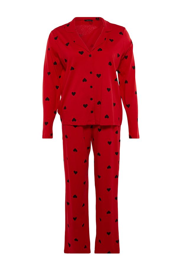 Kırmızı Kalpli Gömlek Yaka Örme Pijama Takımı TBBAW23AI00019 - 6