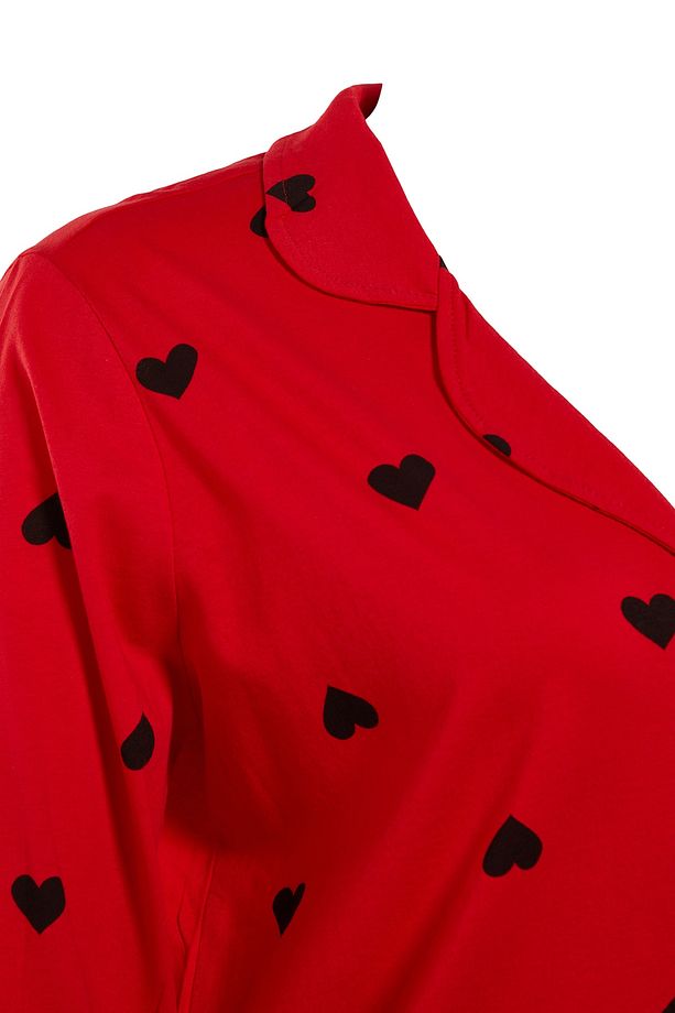Kırmızı Kalpli Gömlek Yaka Örme Pijama Takımı TBBAW23AI00019 - 7
