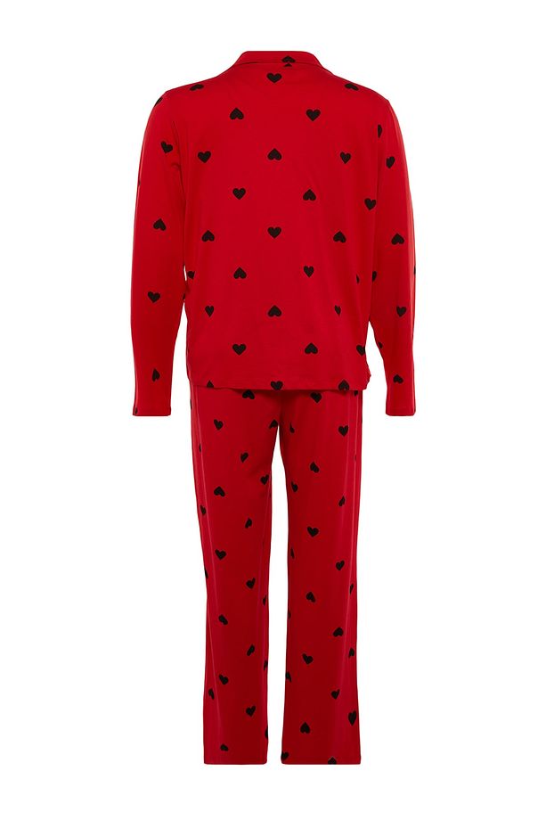 Kırmızı Kalpli Gömlek Yaka Örme Pijama Takımı TBBAW23AI00019 - 8
