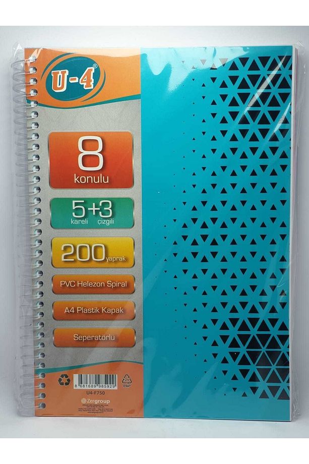 5+3 Bölümlü 200 Yaprak A4 Sipralli Ayraçlı Defter 5 Kareli 3 Çizgili Çoklu Defter - 1