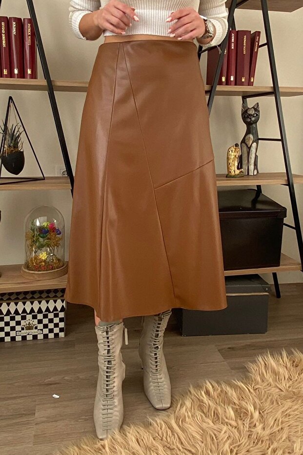Swarıus Asymmetrical Sewing Detailed Women's Leather Skirt Brown