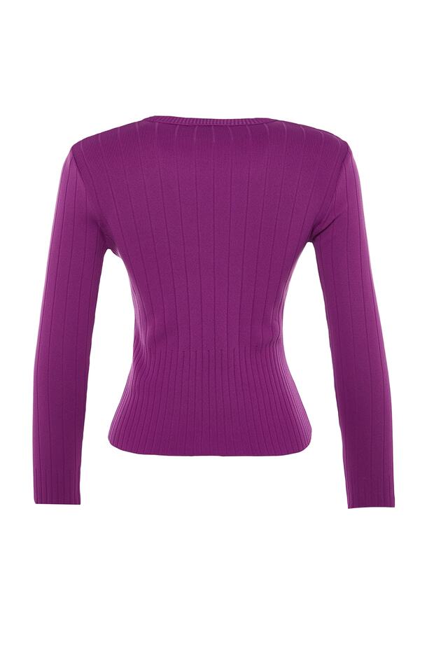Fialový základní pletený svetr s výstřihem TWOAW23KZ01249 - 7