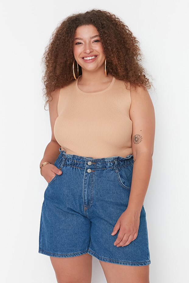 Mavi Lastikli Yüksek Bel Geniş Kesim %100 Pamuk Non-Stretch Büyük Beden Denim Şort TBBSS22JE00015 - 1