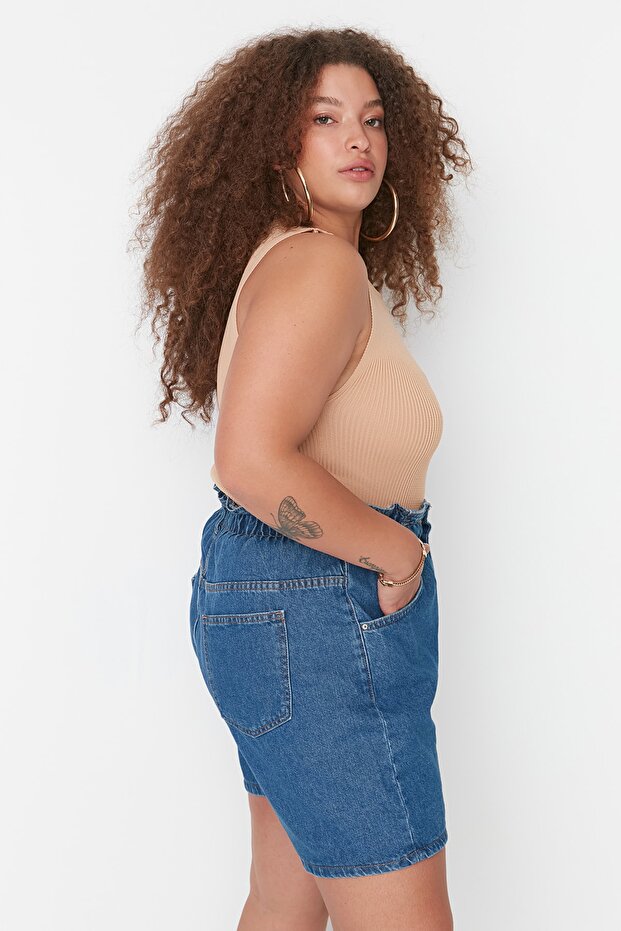 Mavi Lastikli Yüksek Bel Geniş Kesim %100 Pamuk Non-Stretch Büyük Beden Denim Şort TBBSS22JE00015 - 2