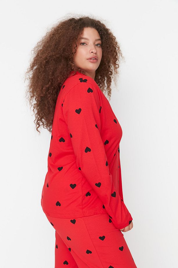 Kırmızı Kalpli Gömlek Yaka Örme Pijama Takımı TBBAW23AI00019 - 3