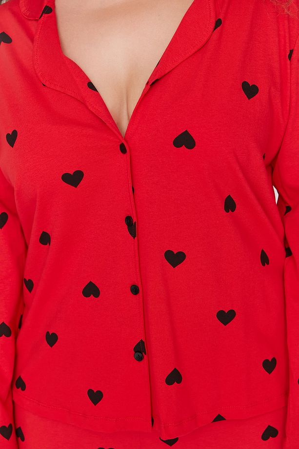 Kırmızı Kalpli Gömlek Yaka Örme Pijama Takımı TBBAW23AI00019 - 4