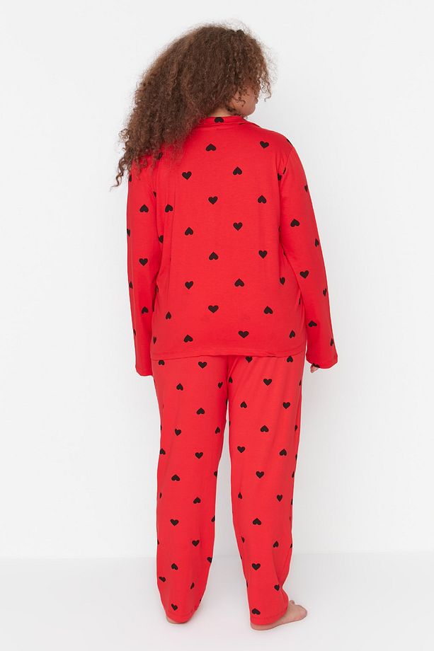 Kırmızı Kalpli Gömlek Yaka Örme Pijama Takımı TBBAW23AI00019 - 5