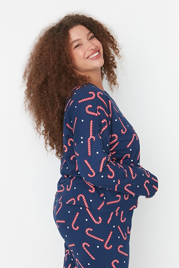 Lacivert Yılbaşı Temalı Örme Pijama Takımı TBBAW23AI00026 - 2