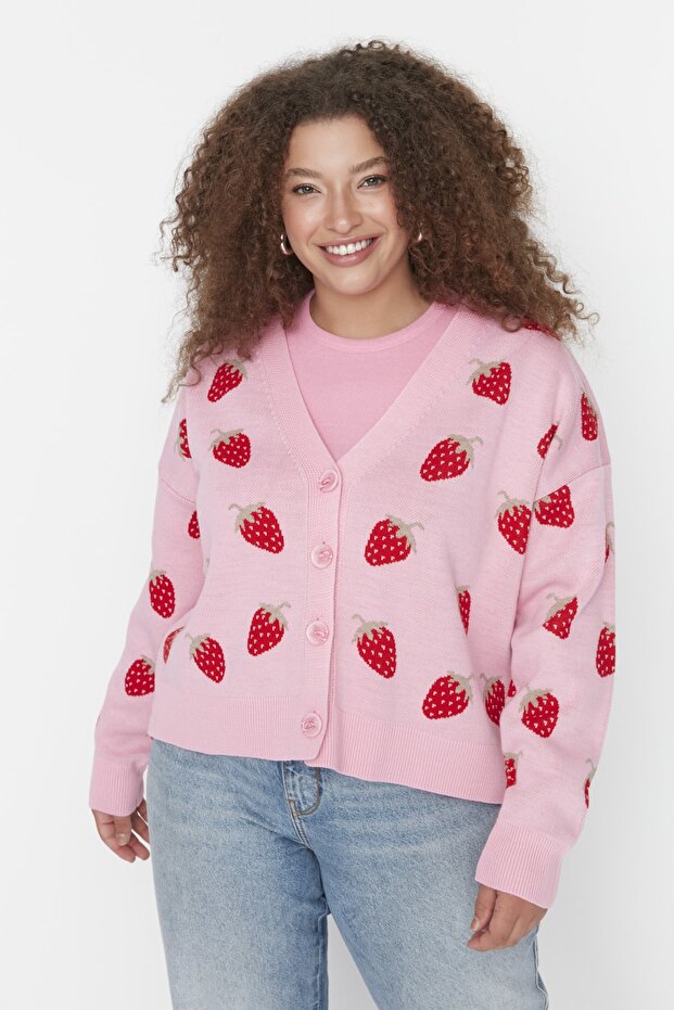 Pembe Çilek Desenli V Yaka Crop Triko Hırka TBBAW23AV00028 - 3