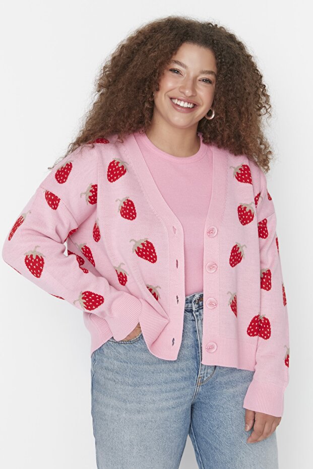 Pembe Çilek Desenli V Yaka Crop Triko Hırka TBBAW23AV00028 - 1