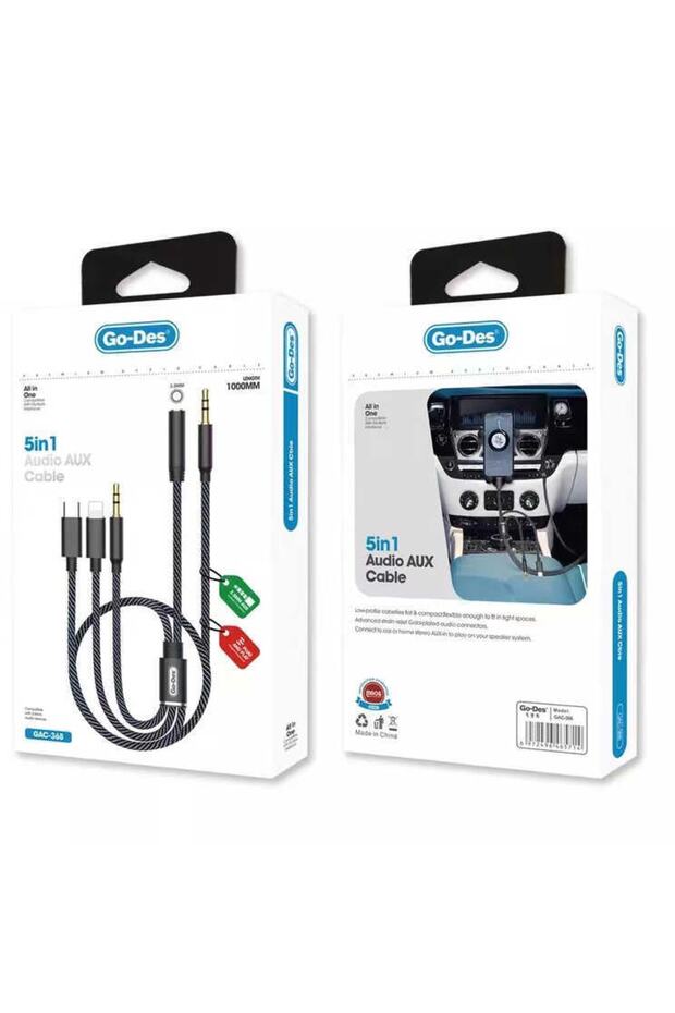Go Des Gac-368 5 In 1 Aux Audio Ses Kablosu Tak-çalıştır - 3.5mm (erkek/dişi) & Type-c & Lightning - 2