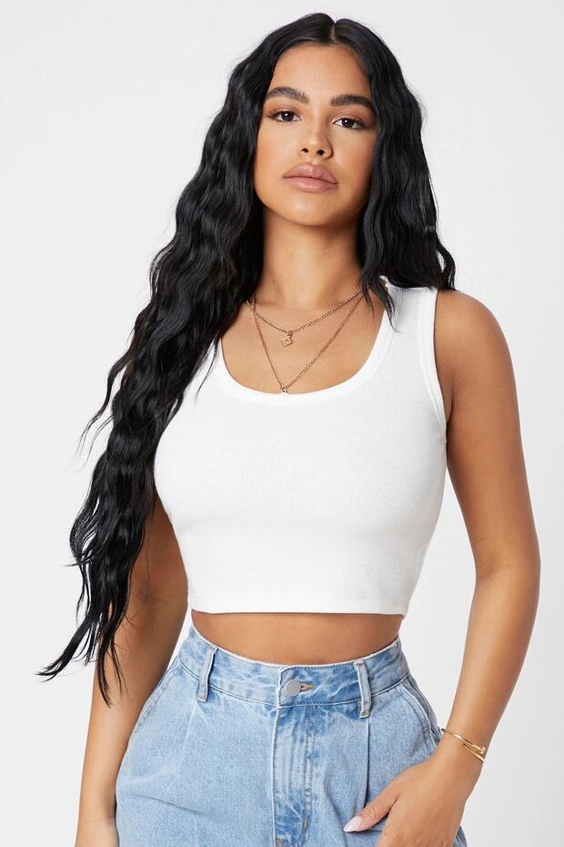 Kadın Beyaz Kare Yaka Crop Top Bluz - 1
