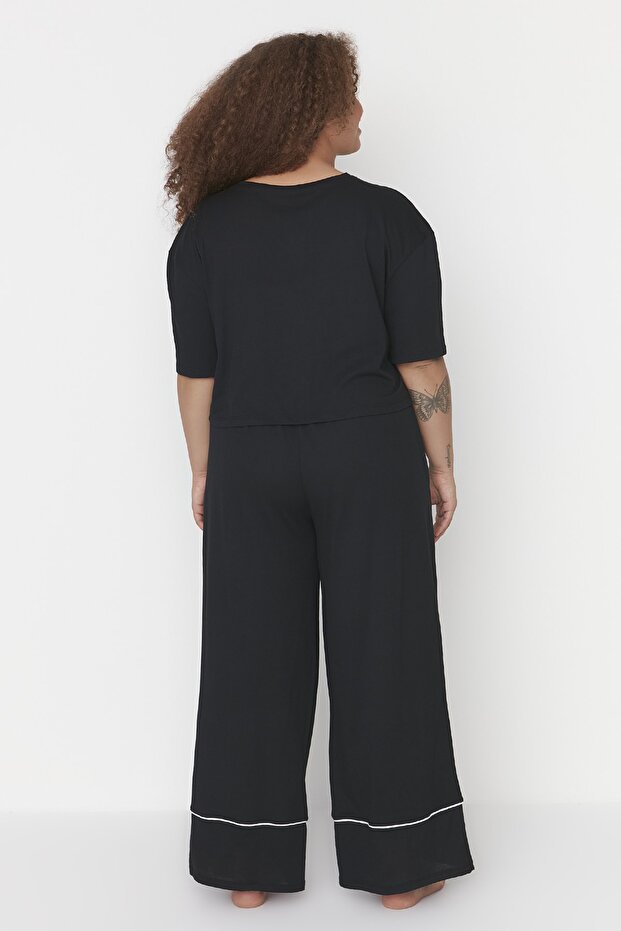 Siyah Baskılı Wide Leg Crop Boy Örme Pijama Takımı TBBAW23AI00040 - 4