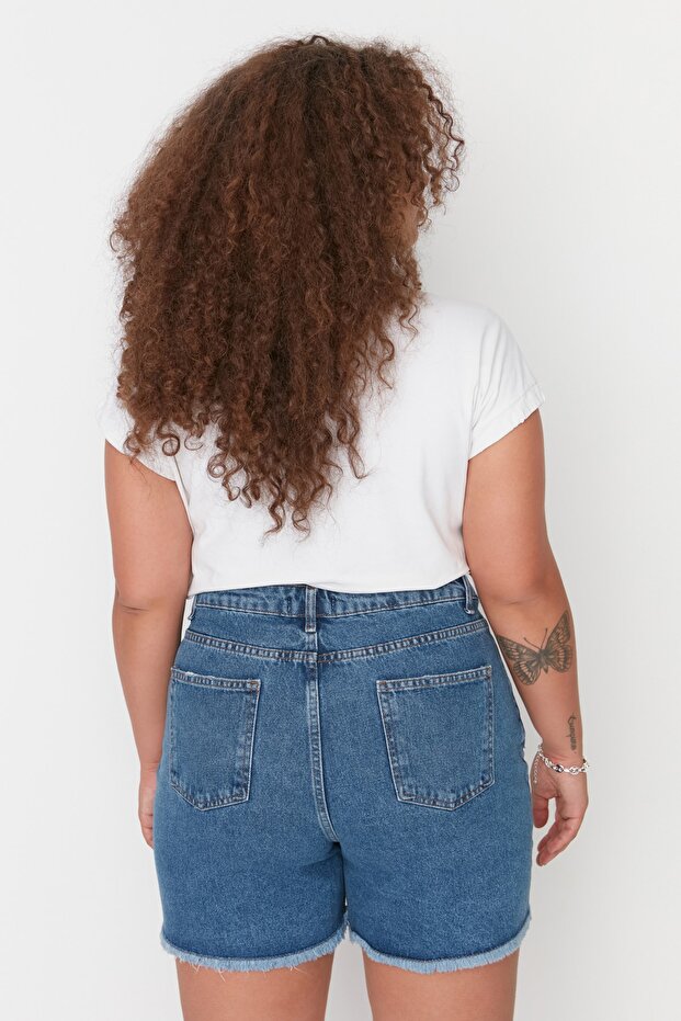 Koyu Mavi Yüksek Bel Destroylu Denim Şort & Bermuda TBBSS22SR0165 - 5