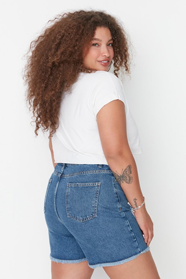 Koyu Mavi Yüksek Bel Destroylu Denim Şort & Bermuda TBBSS22SR0165 - 4