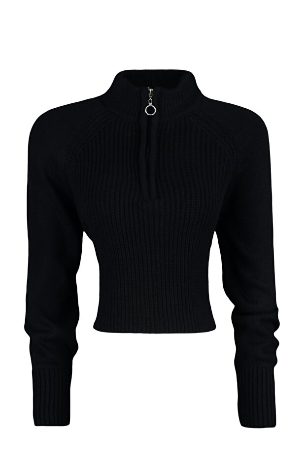 Siyah Crop Fermuarlı Dik Yaka Basic Triko Kazak TWOAW22KZ1632 - 8
