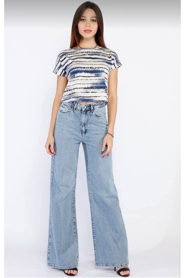 Meriç 90's Blue Snow Wash Casual Palazzo Wideleg Jean Power Lycra Women's High Waist