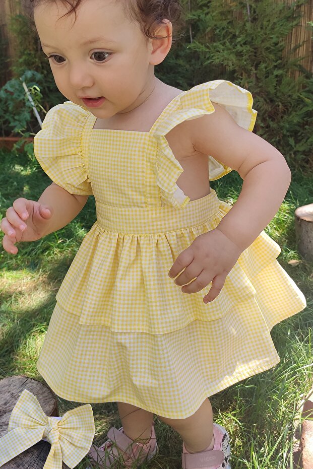 Girl's Gingham Frilly Yellow Dress Bandana Set