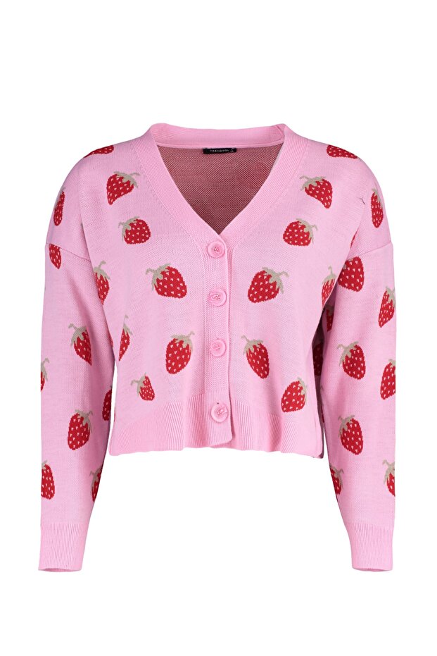 Pembe Çilek Desenli V Yaka Crop Triko Hırka TBBAW23AV00028 - 6