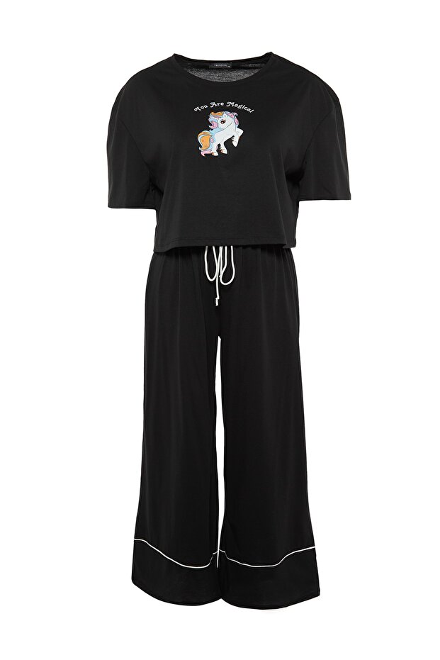 Siyah Baskılı Wide Leg Crop Boy Örme Pijama Takımı TBBAW23AI00040 - 8