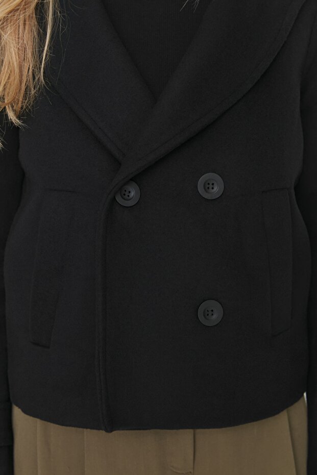 Schwarzer taillierter Wollmantel mit Prägung TWOAW21KB0013 - 4
