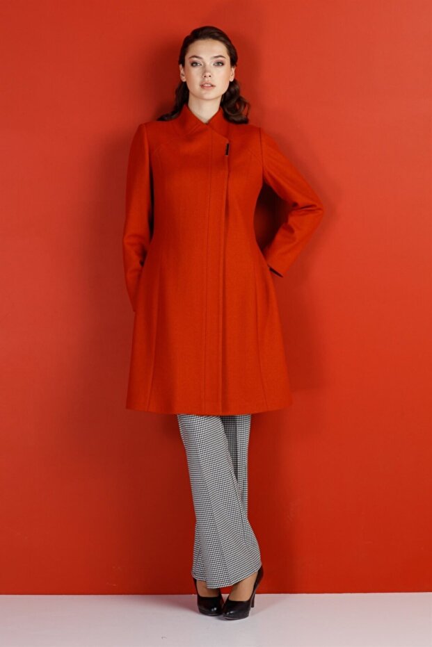 معطف بدون ياقة بأزرار كبس برتقالي - 1