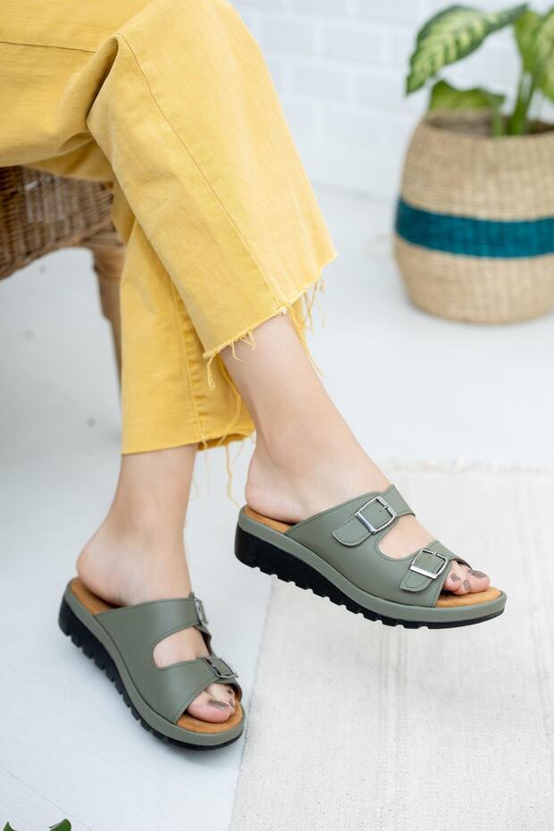 Women's Khaki Sandra Double Buckle Comfort Slippers