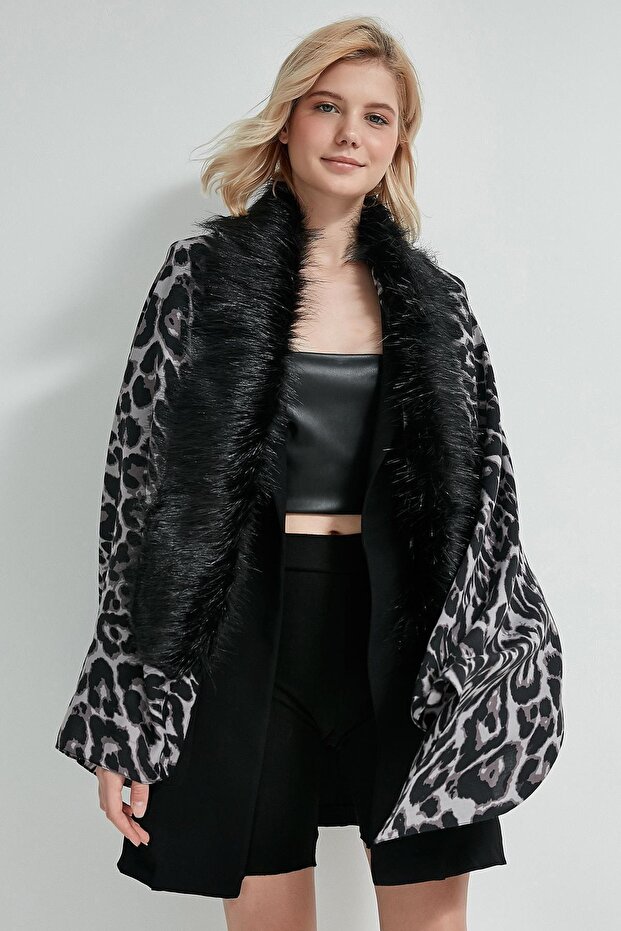 Fll10862-3 Leopard Patterned Gray Color Poncho