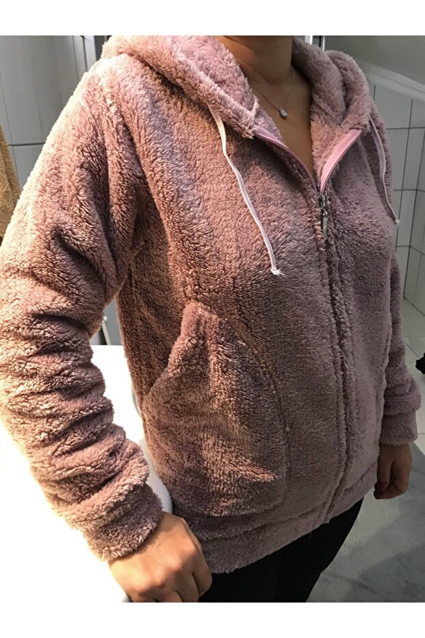 Kadın Gül Kurusu Kısa Kapüşonlu Peluş Ceket - 2