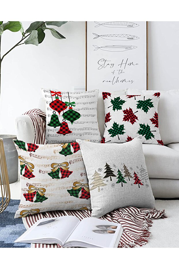 Double Sided 4-Piece Plaid Themed Bells and Pine Tree Christmas Combination Raschel Knitted Pillow Throw Pillow Cover