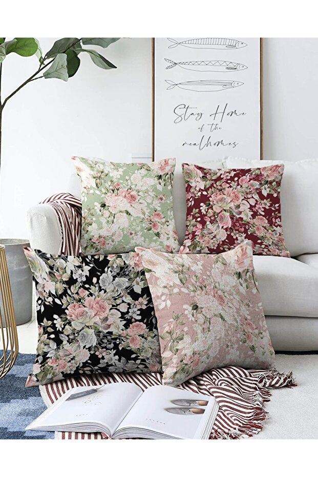 4-Piece Double-Sided Colorful Flower Pattern on the Floor Modern Raschel Knitted Pillow Throw Pillow Cover Set