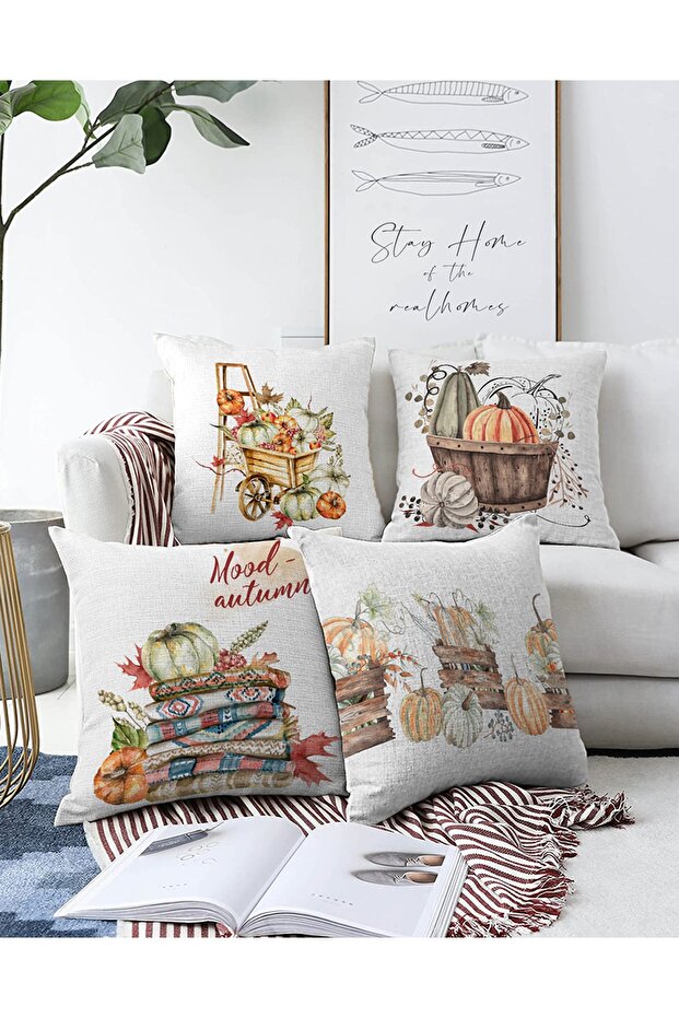 Double Sided 4-Piece Basket Pumpkin Concept Digital Printed Modern Raschel Knitted Pillow Throw Pillow Cover