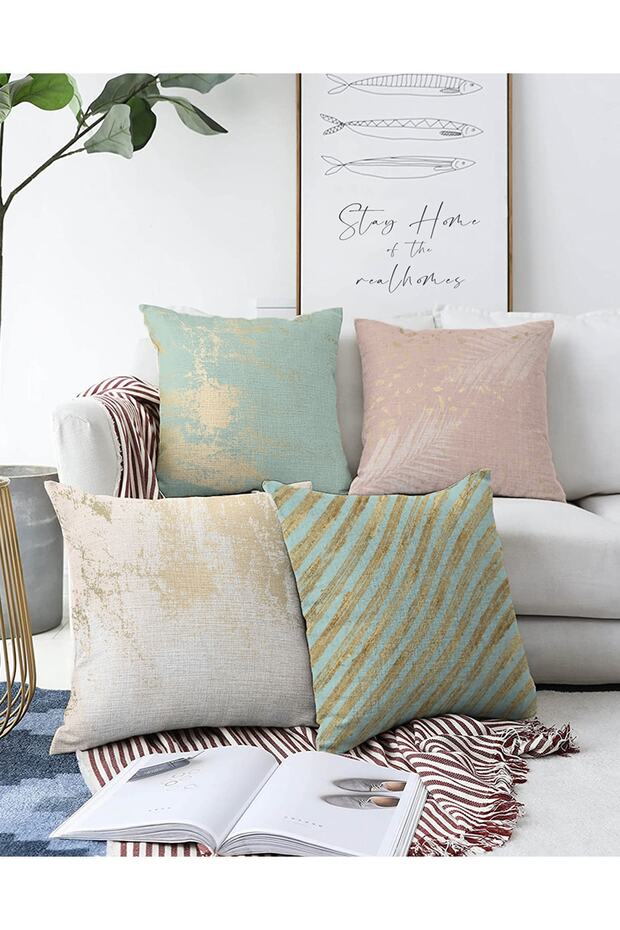 Set of 4 Double Sided Colorful Background Gold Detailed Marble Patterned Modern Raschel Pillow Throw Pillow Covers