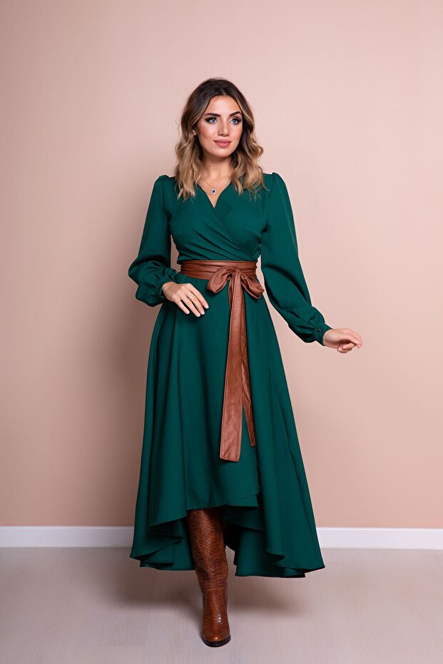Women's Brown Leather Belted Emerald Long Sleeve Asymmetric Dress