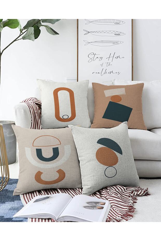 4-Piece Double Sided Colorful Onedraw Drawing On Background Modern Raschel Knitted Pillow Throw Pillow Cover Set